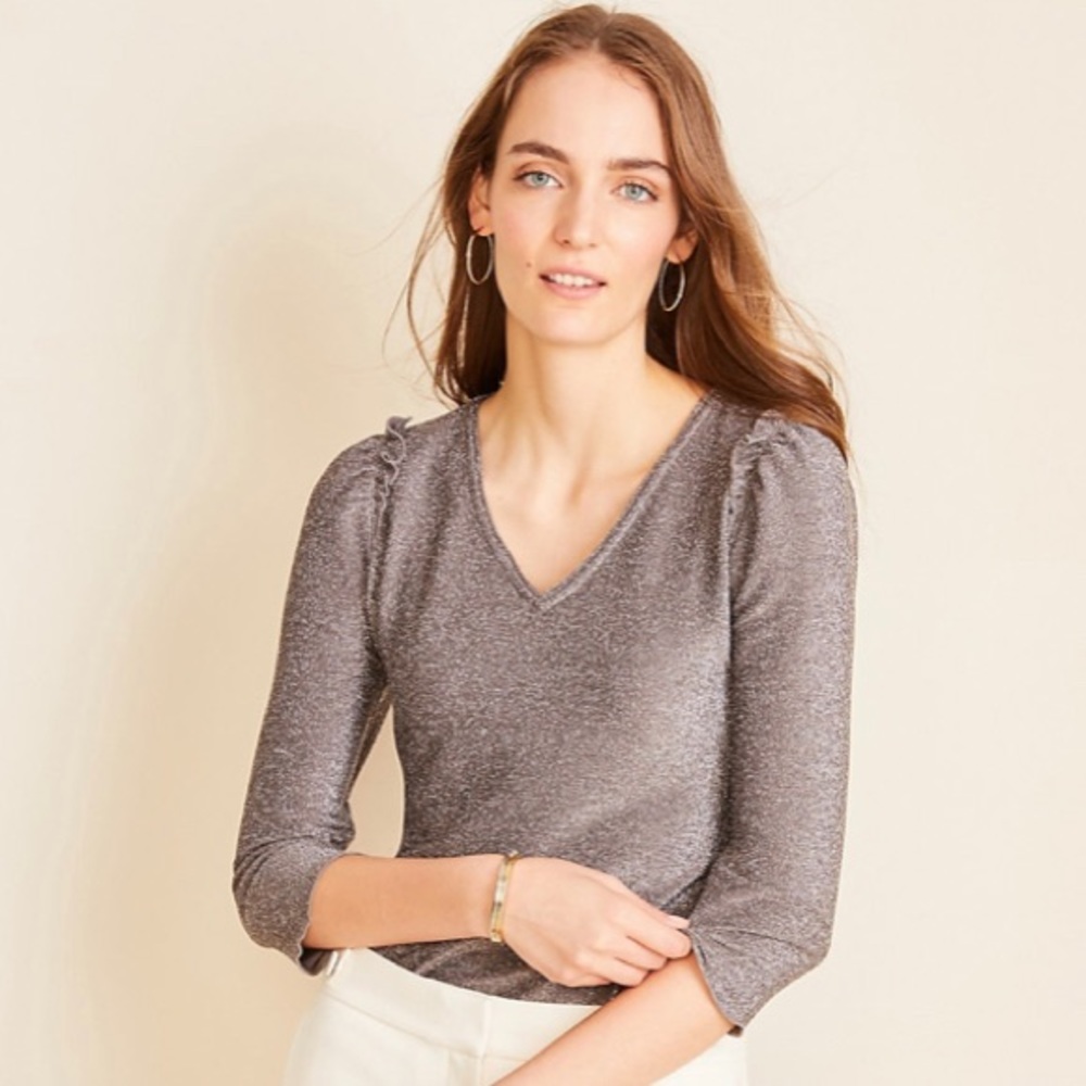 Ann Taylor Shimmer Ruffle Puff Sleeve Top